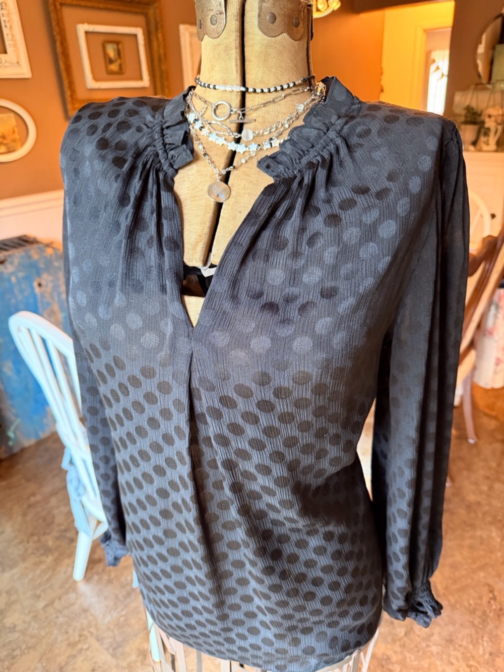 Max Studio Black Polka Dot Semi Sheer Blouse
